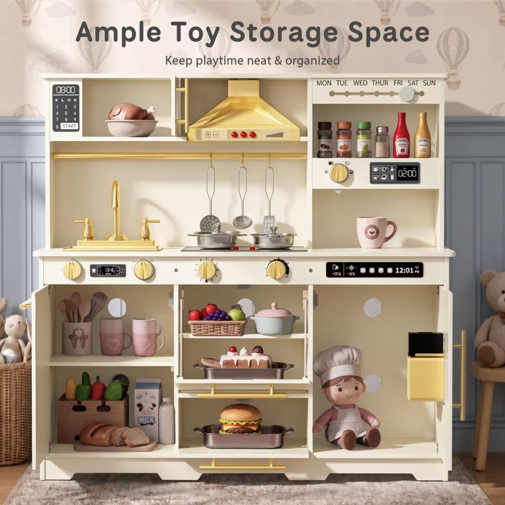 Wooden Play Kitchen for Kids with Running Water Sink, Interactive Stove, Ice Maker, Microwave, Oven & Dishwasher, Ages 3+ - Image 4