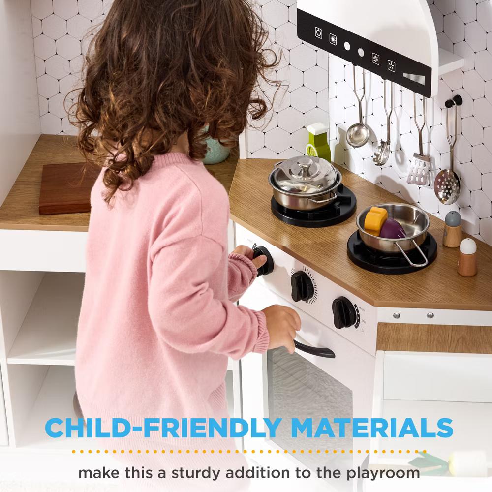 Pretend Play Corner Kitchen, Interactive Wooden Kids Set w/ Lights & Sounds - White - Image 73