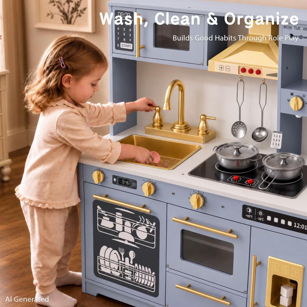 Wooden Play Kitchen for Kids with Running Water Sink, Interactive Stove, Ice Maker, Microwave, Oven & Dishwasher, Ages 3+ - Image 36