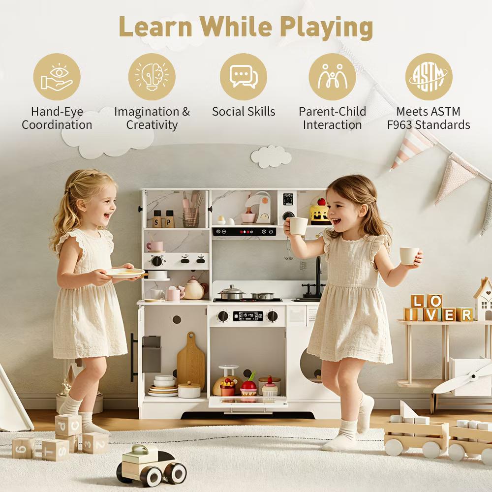 Wooden Play Kitchen for Kids, Wooden Kids Play Kitchen Playset with Lights Sounds, Toddler Pretend Cooking Set with Toy Food Cookware Accessories - Image 3