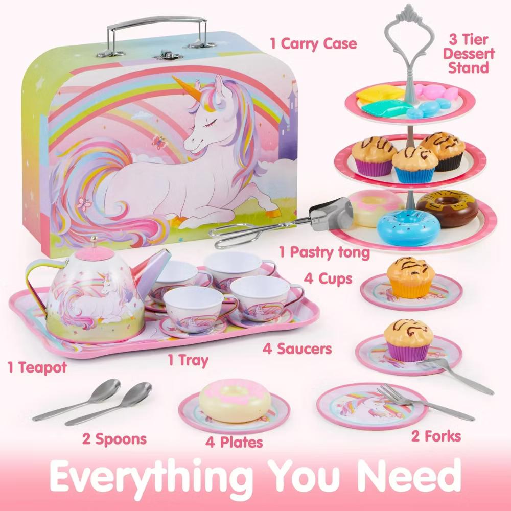 35Pcs Unicorn Tea Party Set for Little Girls, Pretend Tin Teapot Set, Princess Tea Time Play Kitchen Toy for Birthday Gifts Kids Toddlers Age 3 4 5 6 - Image 7