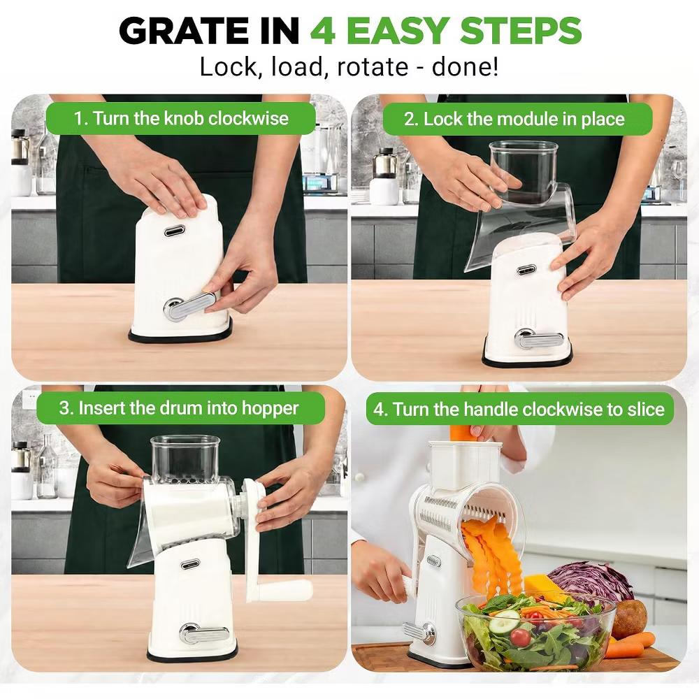 NutriChef 5-in-1 Cheese Grater & Shredder – Hand Crank, 5 Blades, Suction Base & Storage Container - Image 8