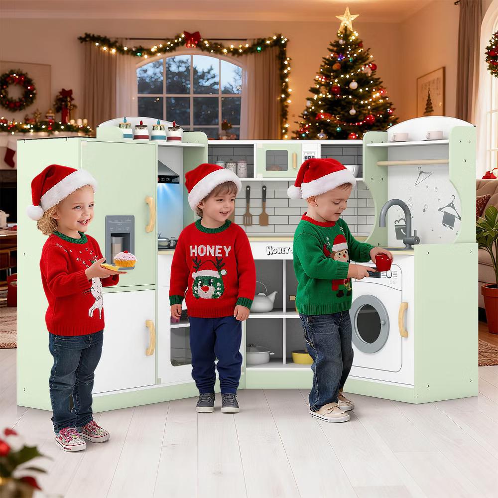 Corner Play Kitchen Toddler Kitchen Playset with Range Hood, Ice Maker, Microwave White/Pink - Image 13