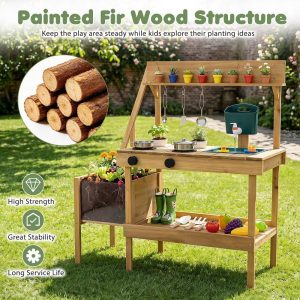 Kids Mud Kitchen, Wooden Play Kitchen with Planter Box, Stoves, Water Tank, Sink Green/Natural/Blue