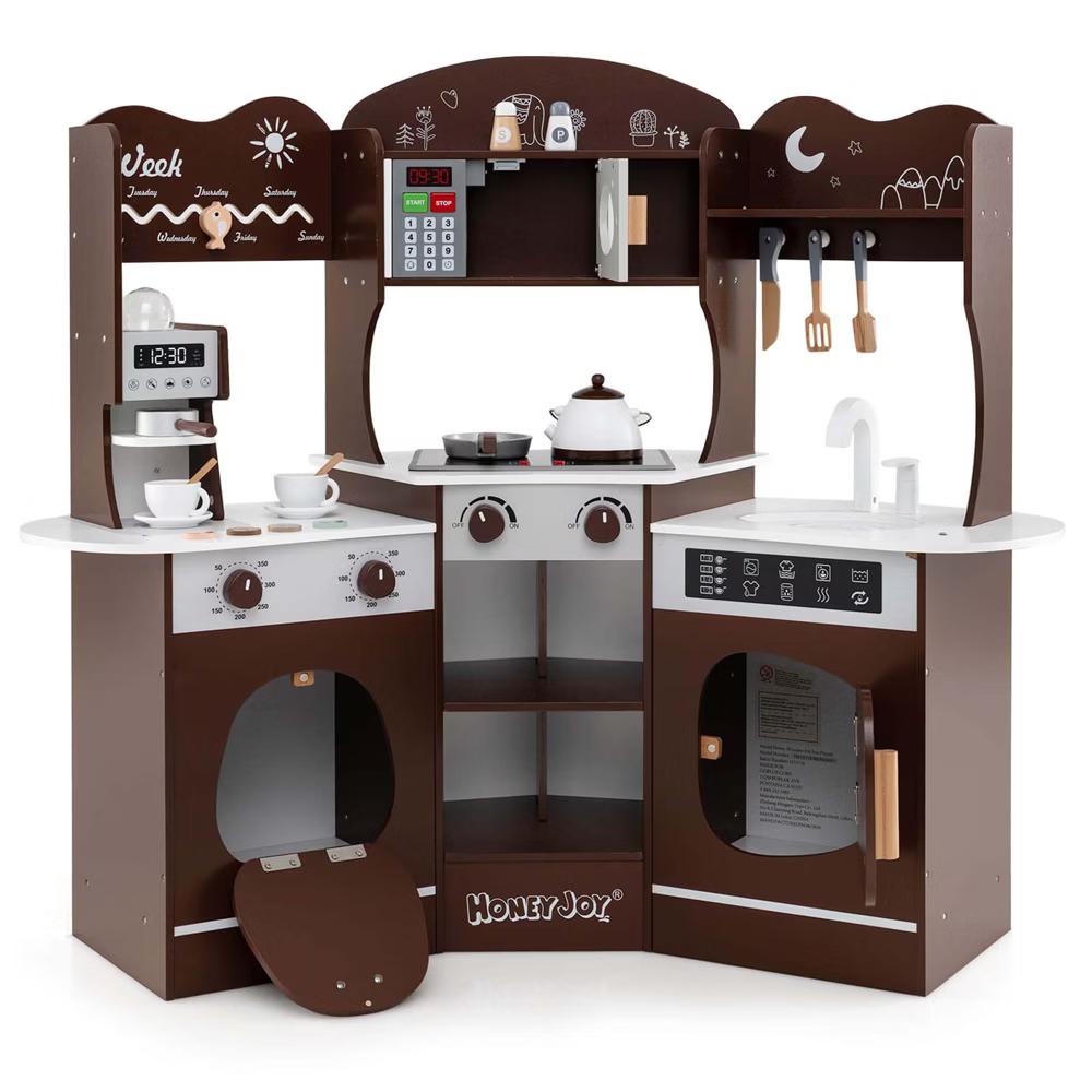 Corner Kitchen Playset with Coffee Machine Oven Microwave Washing Machine White/Brown/Pink - Image 5
