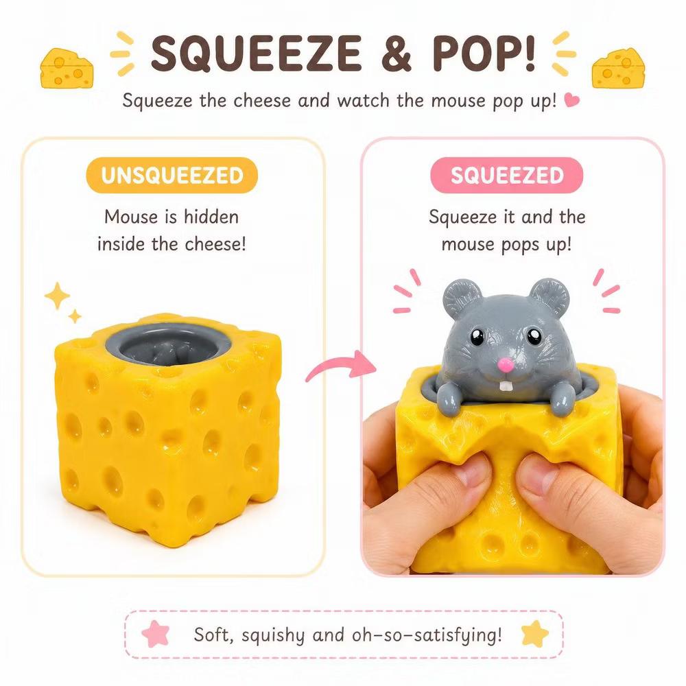 Link Cheese Mouse Pop-Up Squishy Toy 3-Pack – Sensory Fidget Squeeze Toy | Fun Mini Stress Ball Set - Image 3