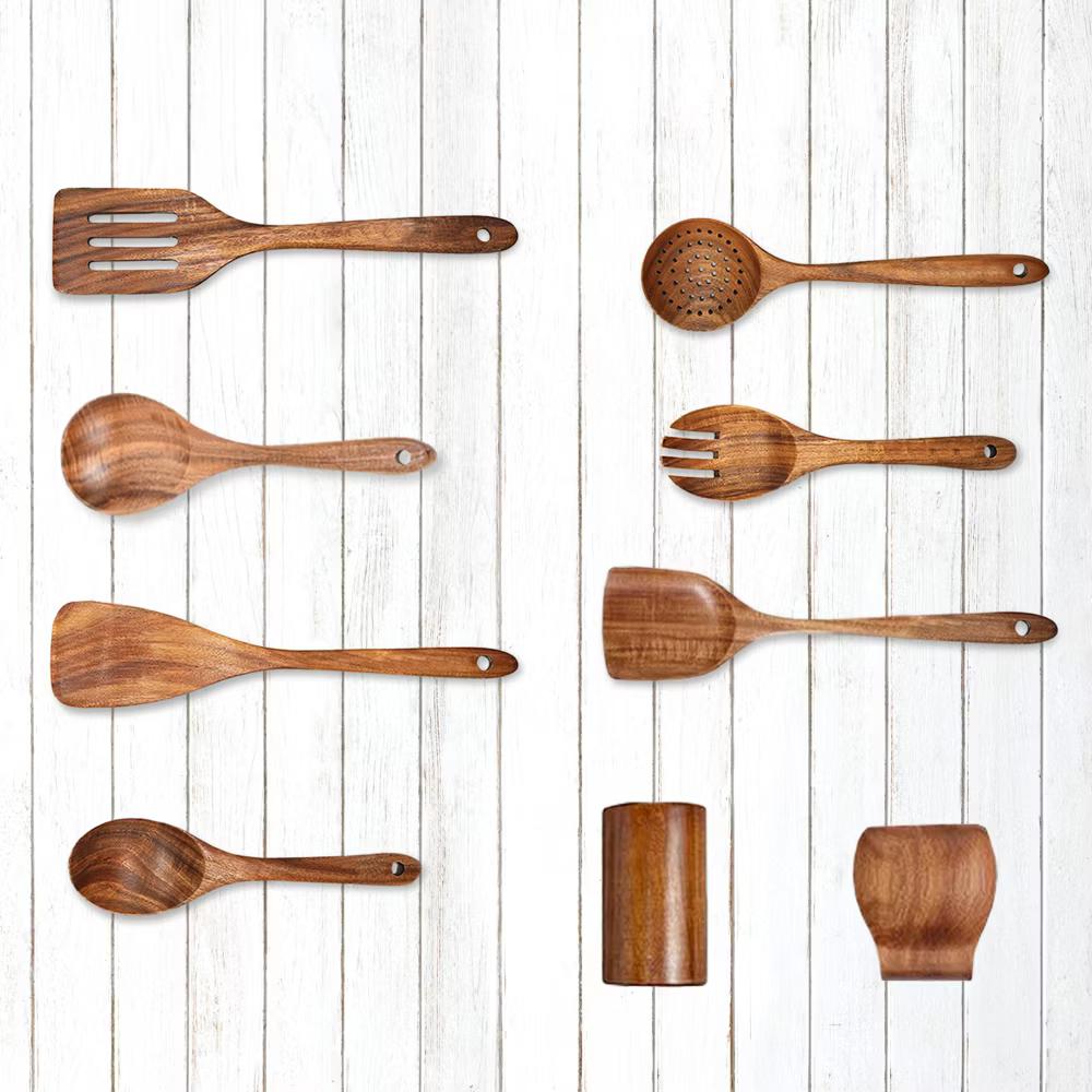 9 Piece Deluxe Wooden Utensils Set with Holder and Spoon Rest - Image 4