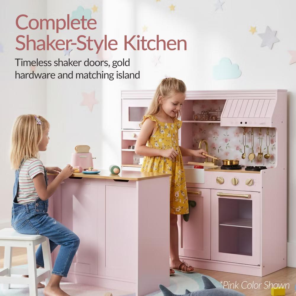 Deluxe Wooden Pretend Play Kitchen with Island and Espresso Machine - White - Image 24