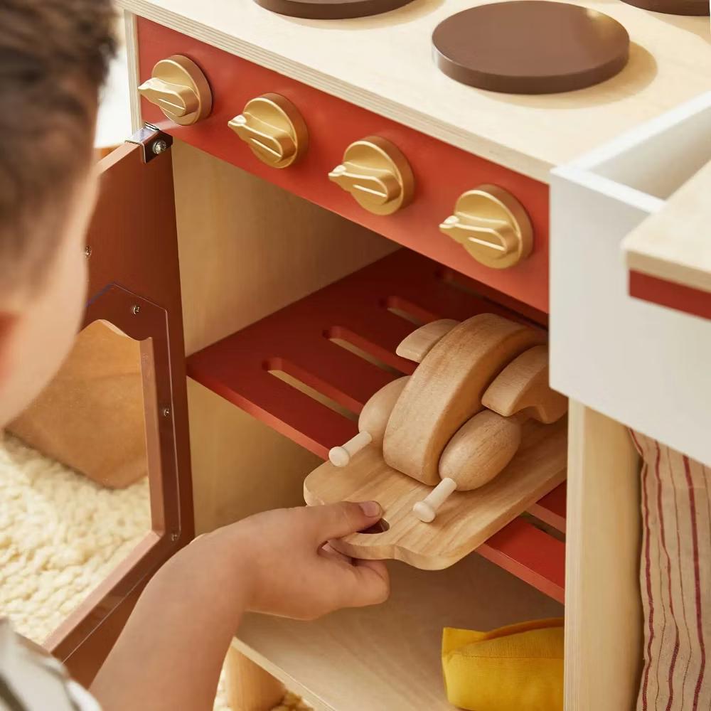 Mediterranean Play Kitchen for Toddlers - Wooden Kids Kitchen Playset with Cutting Food & Cookware - Image 10