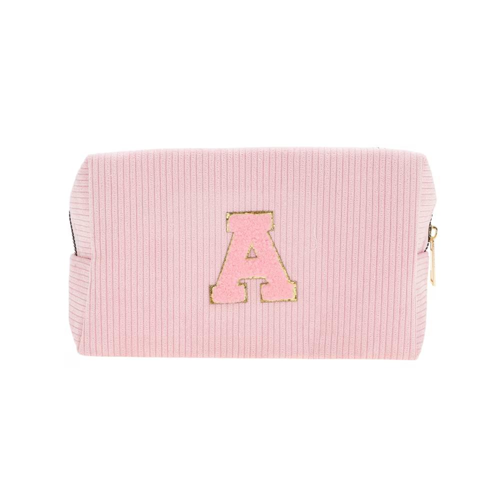 Corduroy Rectangular Letter Makeup Bag Pink 1 Pc