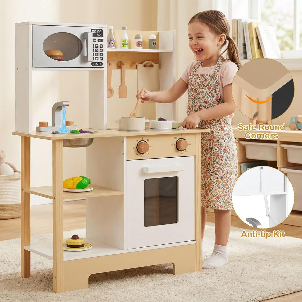 Play Kitchen with Chalkboard Microwave Stove Dish Rack Faucet Sink Accessories White + Natural/Blue/Green + White - Image 12