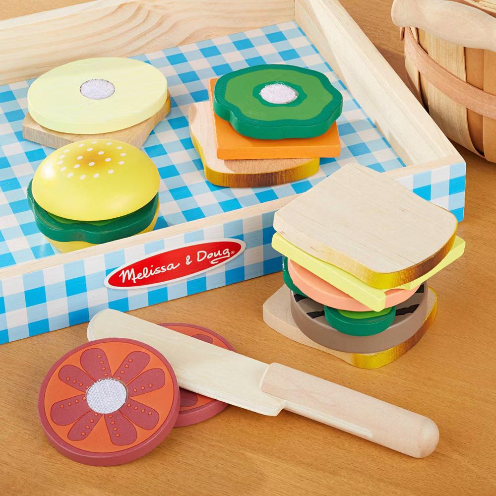 Wooden Sandwich-Making Pretend Play Food Set: Educational Toy with Stackable Pieces & Sound Effects - Image 4