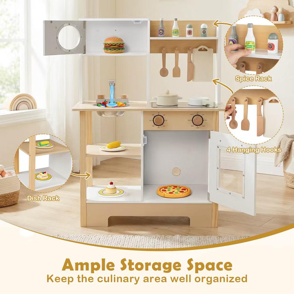 Play Kitchen with Chalkboard Microwave Stove Dish Rack Faucet Sink Accessories White + Natural/Blue/Green + White - Image 15