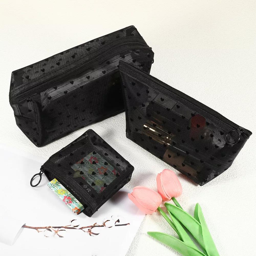 Nylon Heart Shape Print Mesh Clear Makeup Bags 3 Pcs - Image 8