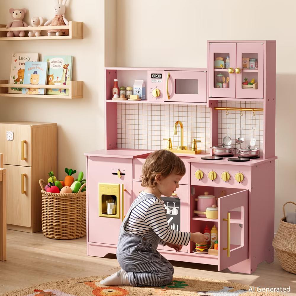 Wooden Play Kitchen with Running Water Sink, Clicking Stove Knobs, Microwave, Oven, Ice Maker & Storage, Ages 3+ - Image 30