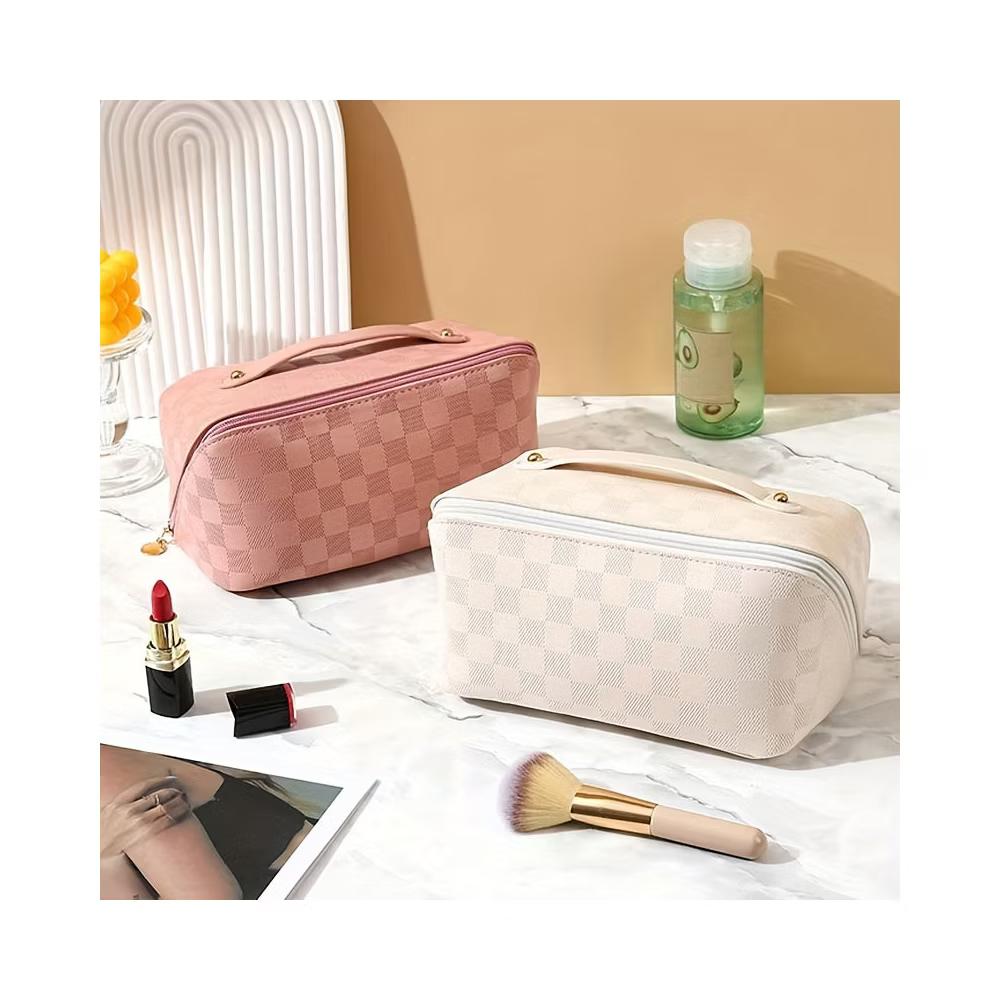 Checkered Makeup Bag, Large Capacity Cosmetic Bag with Handle, Portable Waterproof Travel Toiletry Organizer for Women - Image 3