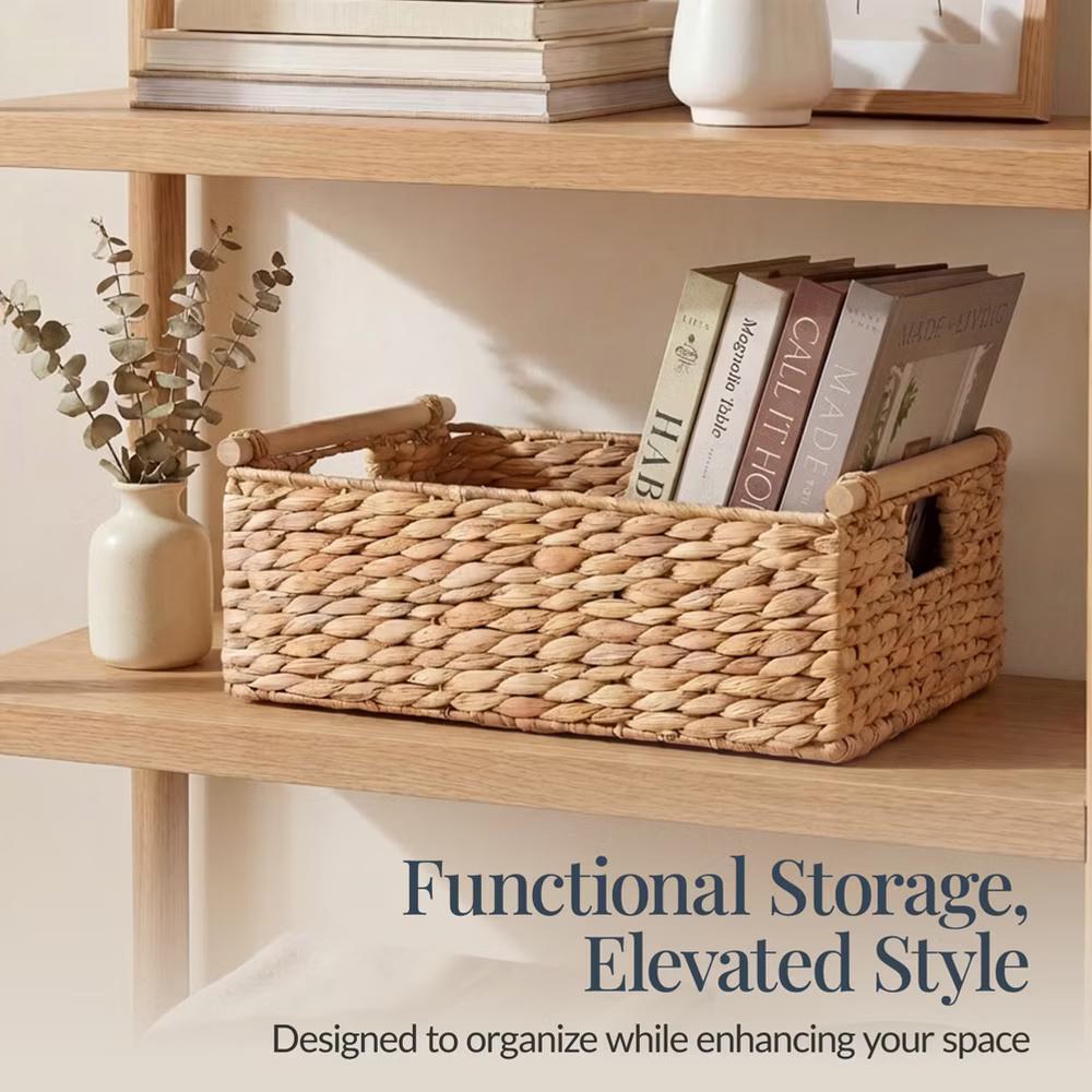 Wicker Storage Basket, Shelf Basket w/ Wooden Handles, Rectangular Storage Bin - Natural