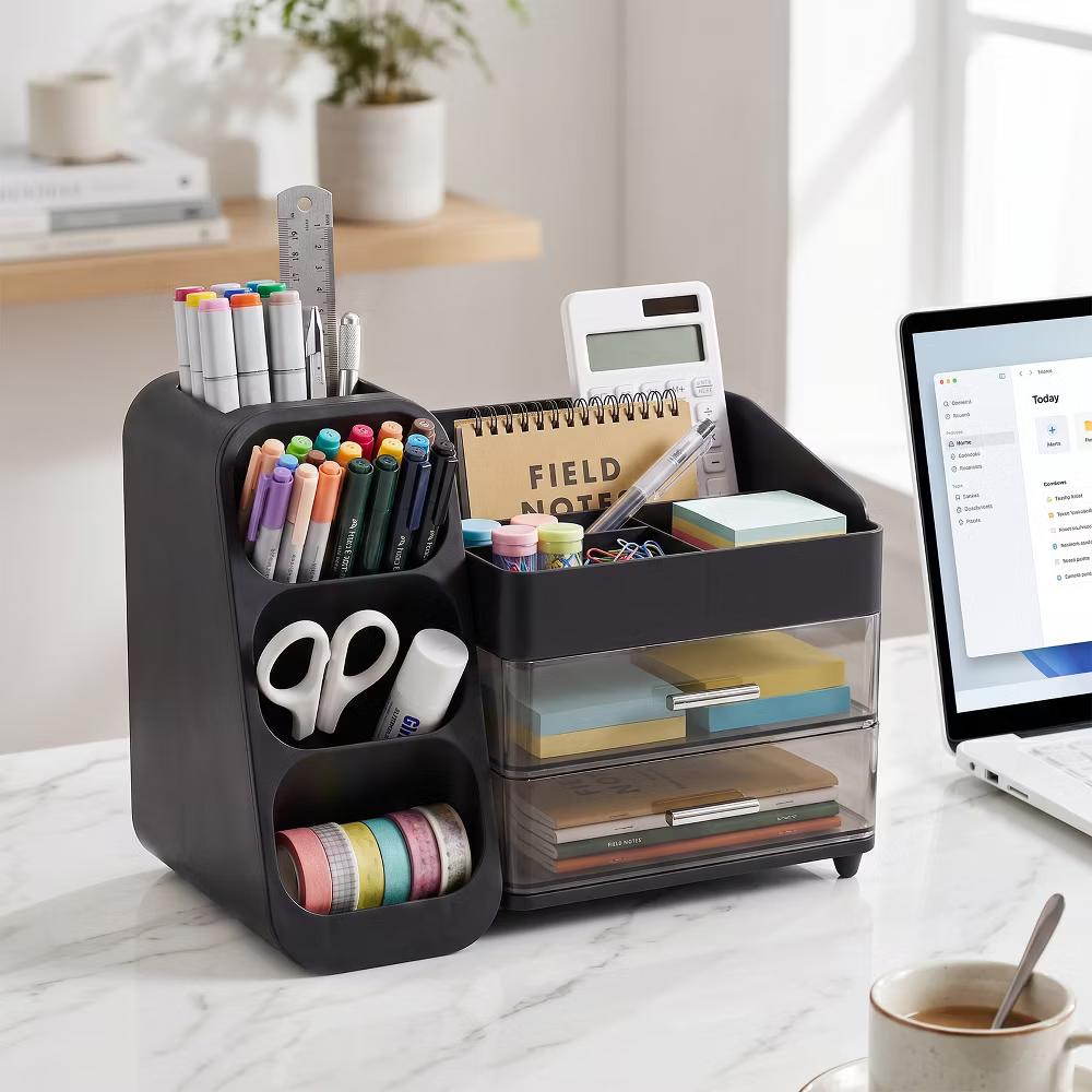Desktop Organizer with Pen Holder, Multi-Grid Stationary Storage Caddy with 2 Clear Drawers for Office Supplies & Makeup - Image 5