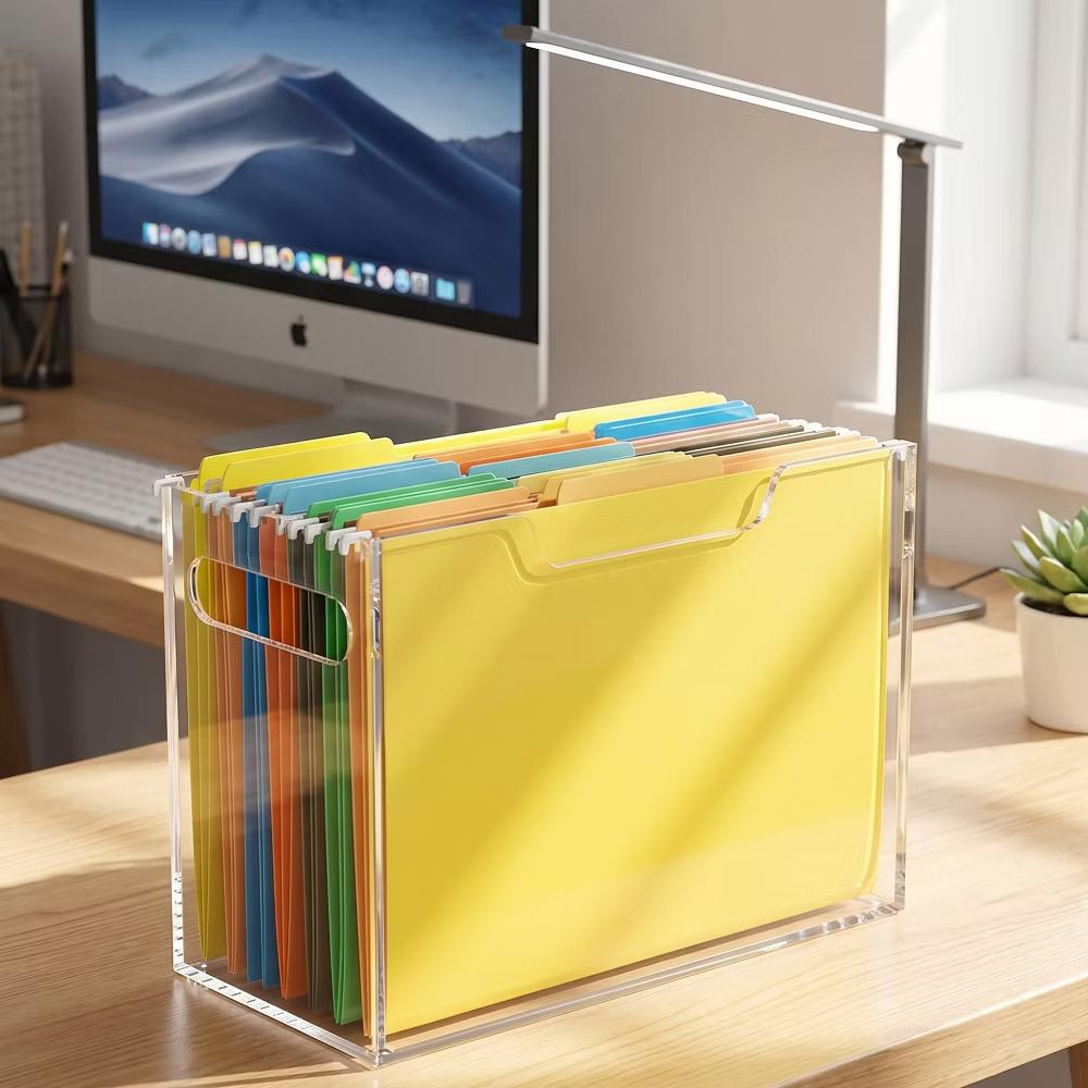 File Organizer Box for Letter Size Hanging Folders, Acrylic Desk File Holder with Portable Handle, Clear Modern Document Storage Rack for Office - Image 8