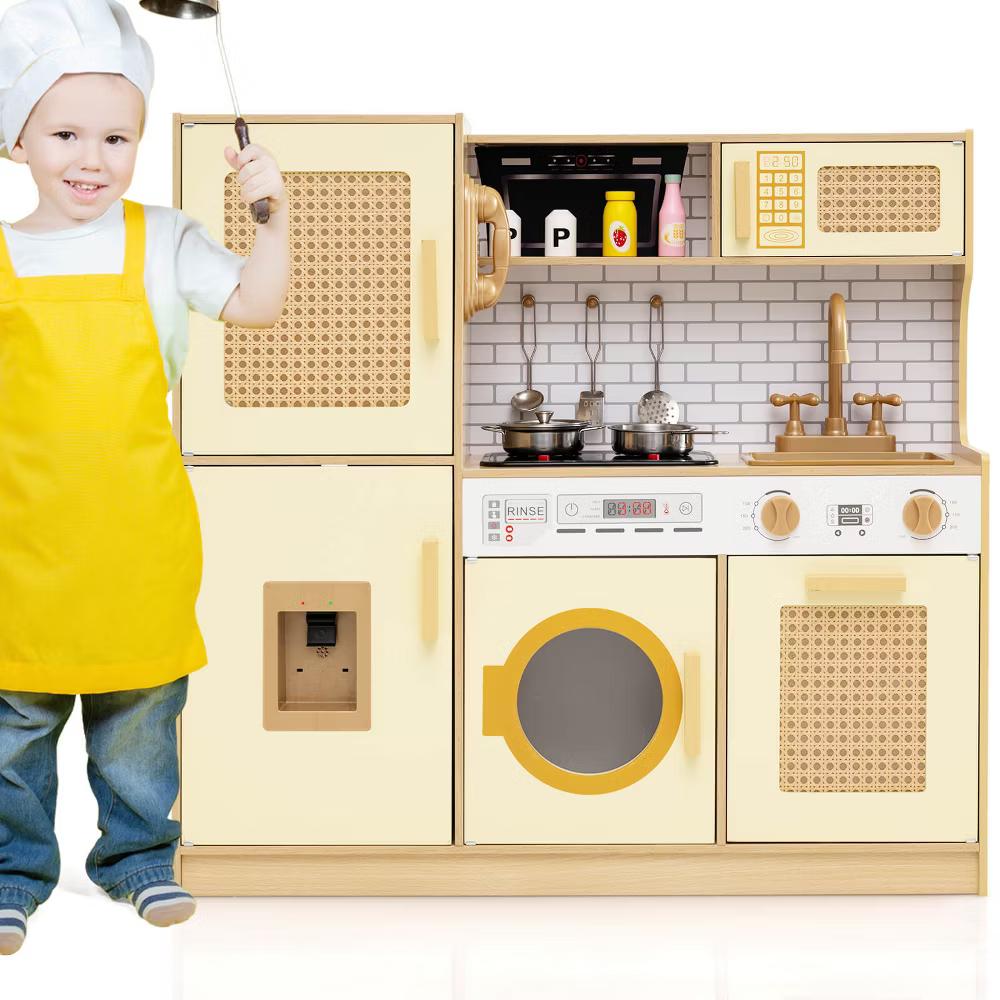 Wooden Kids Kitchen Playset Pretend Play Kitchen with Real Sounds Lights Pink/Yellow - Image 11