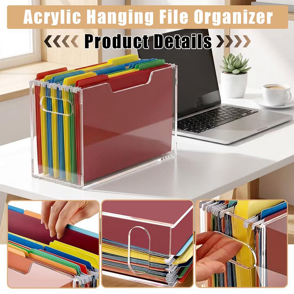 File Organizer Box for Letter Size Hanging Folders, Acrylic Desk File Holder with Portable Handle, Clear Modern Document Storage Rack for Office - Image 3