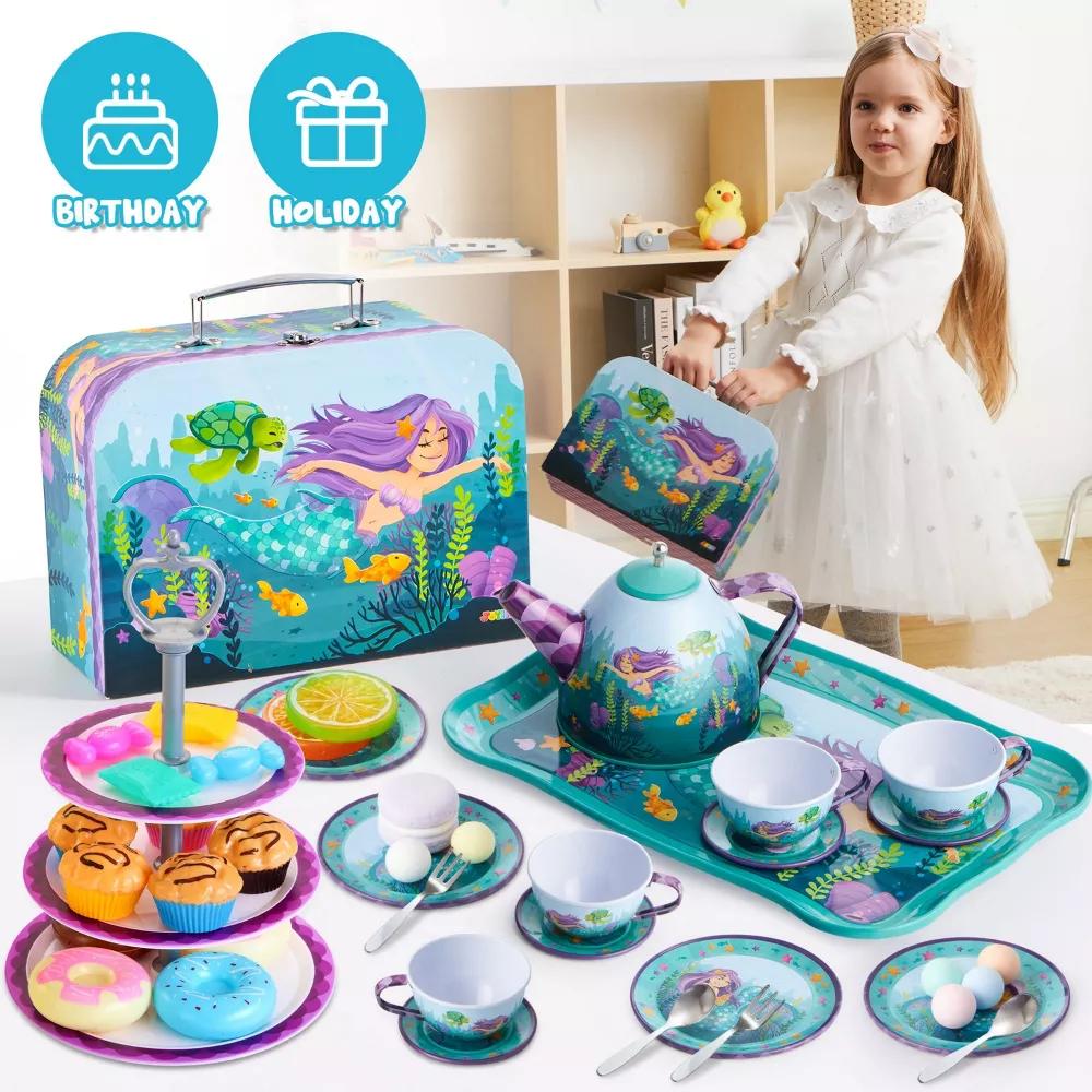 35Pcs Mermaid Tea Party Set for Girls,with Pretend Tin Teapot Set, Princess Tea Time Play Kitchen Toy,Best Birthday Gifts for Kids Age 3-6 - Image 3