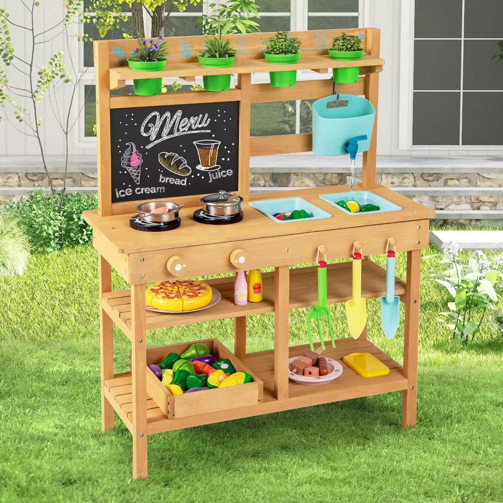 Kids Mud Kitchen with Faucet Removable Sinks Chalkboard Stovetops Rotation Knobs - Image 7