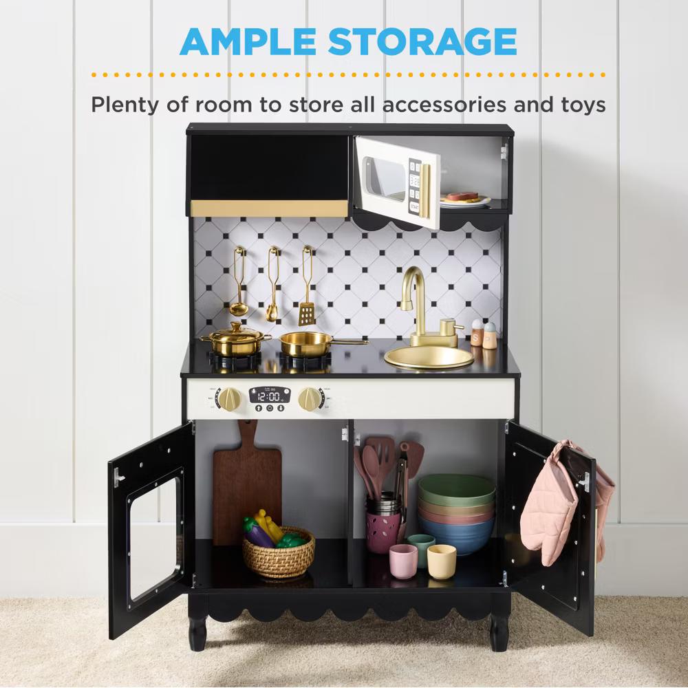 Wooden Cottage Kids Pretend Play Kitchen with 5 Accessories and Toy Storage - White - Image 10