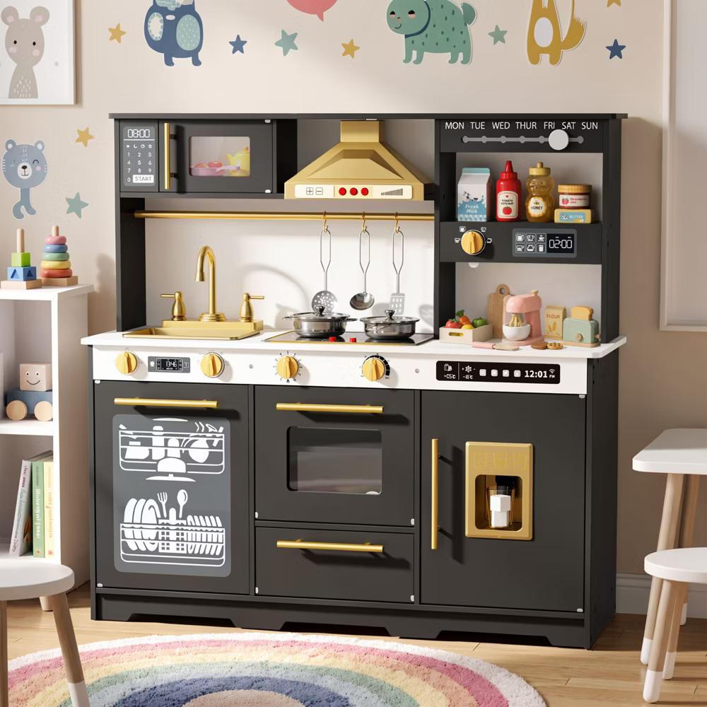 Wooden Play Kitchen for Kids with Running Water Sink, Interactive Stove, Ice Maker, Microwave, Oven & Dishwasher, Ages 3+ - Image 23