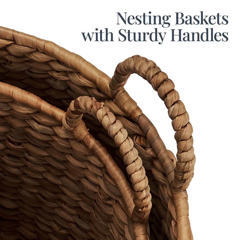 Round Storage Basket w/ Handles, Handwoven Water Hyacinth, Storage Organizer Tote - Natural - Image 7