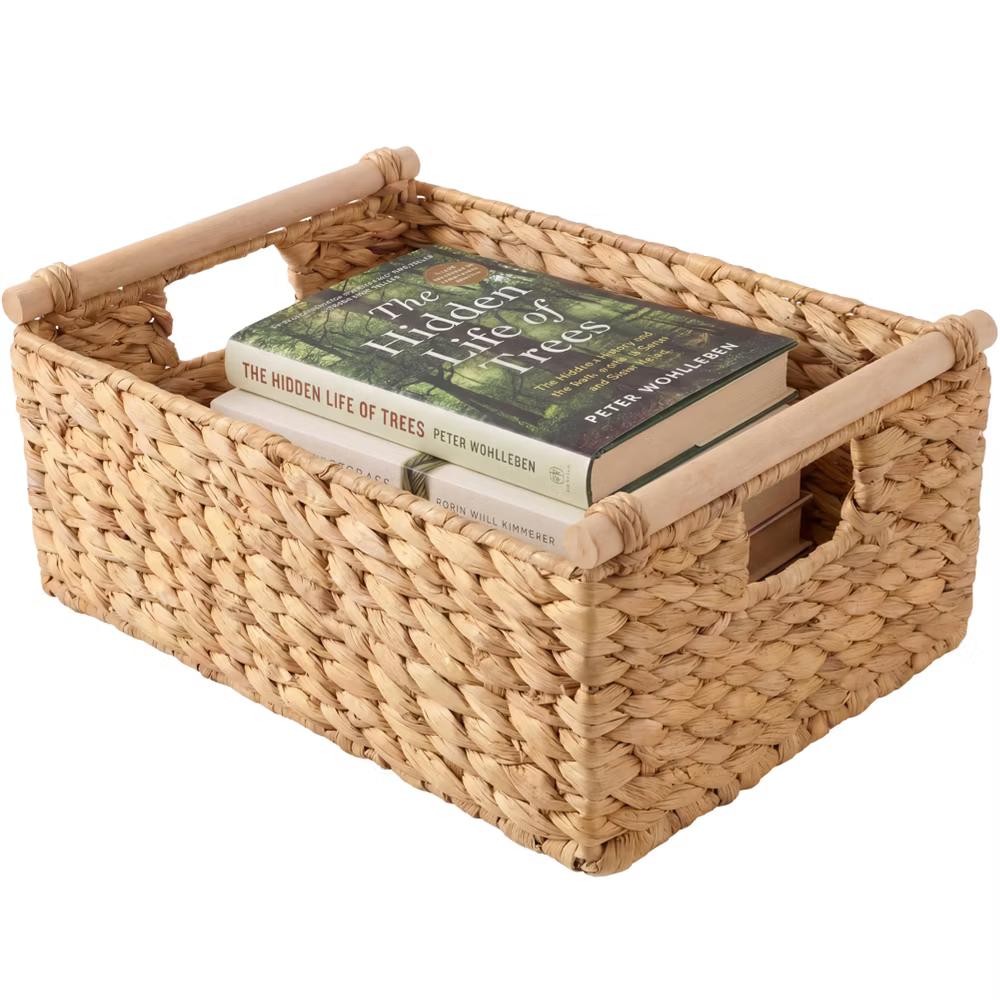 Wicker Storage Basket, Shelf Basket w/ Wooden Handles, Rectangular Storage Bin - Natural - Image 11