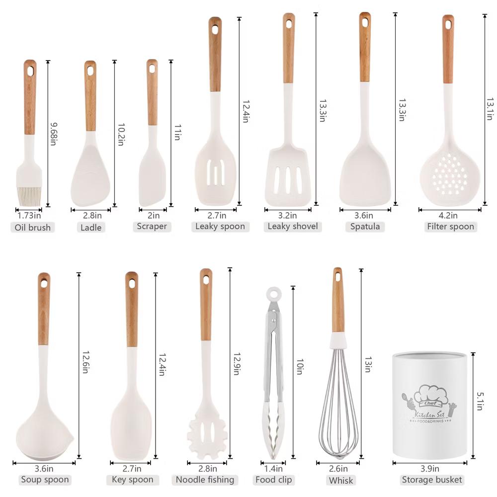 13-Piece Silicone Kitchen Utensils Set, Cooking Utensils with Wooden Handles, Heat Resistant Nonstick Gadgets with Storage Bucket - Image 5