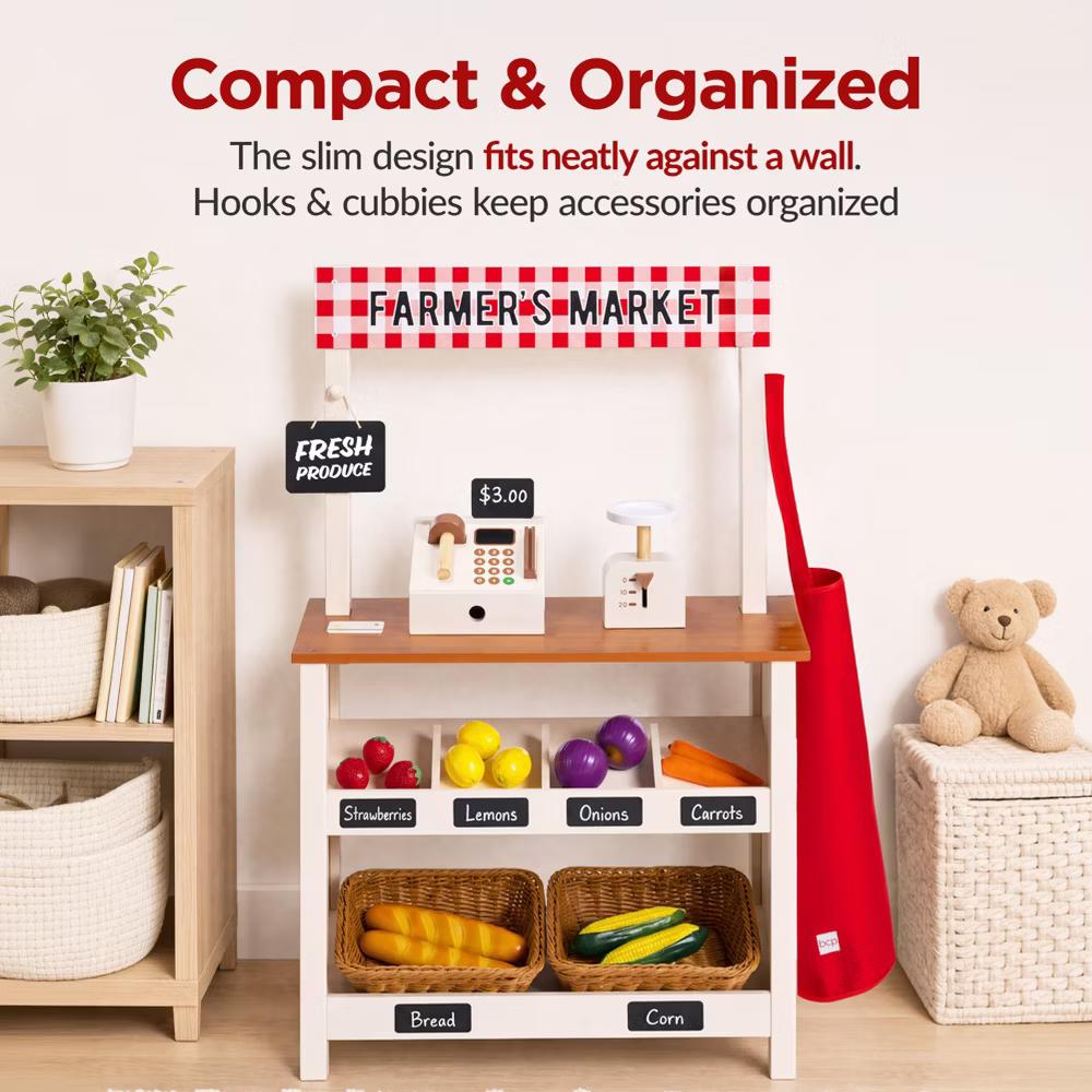 Wooden Farmers Market Stand for Kids with 22 Play Food Accessories, Pretend Grocery Store - Image 6