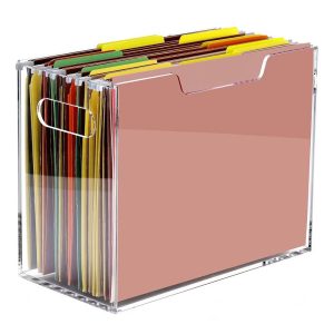 File Organizer Box for Letter Size Hanging Folders, Acrylic Desk File Holder with Portable Handle, Clear Modern Document Storage Rack for Office
