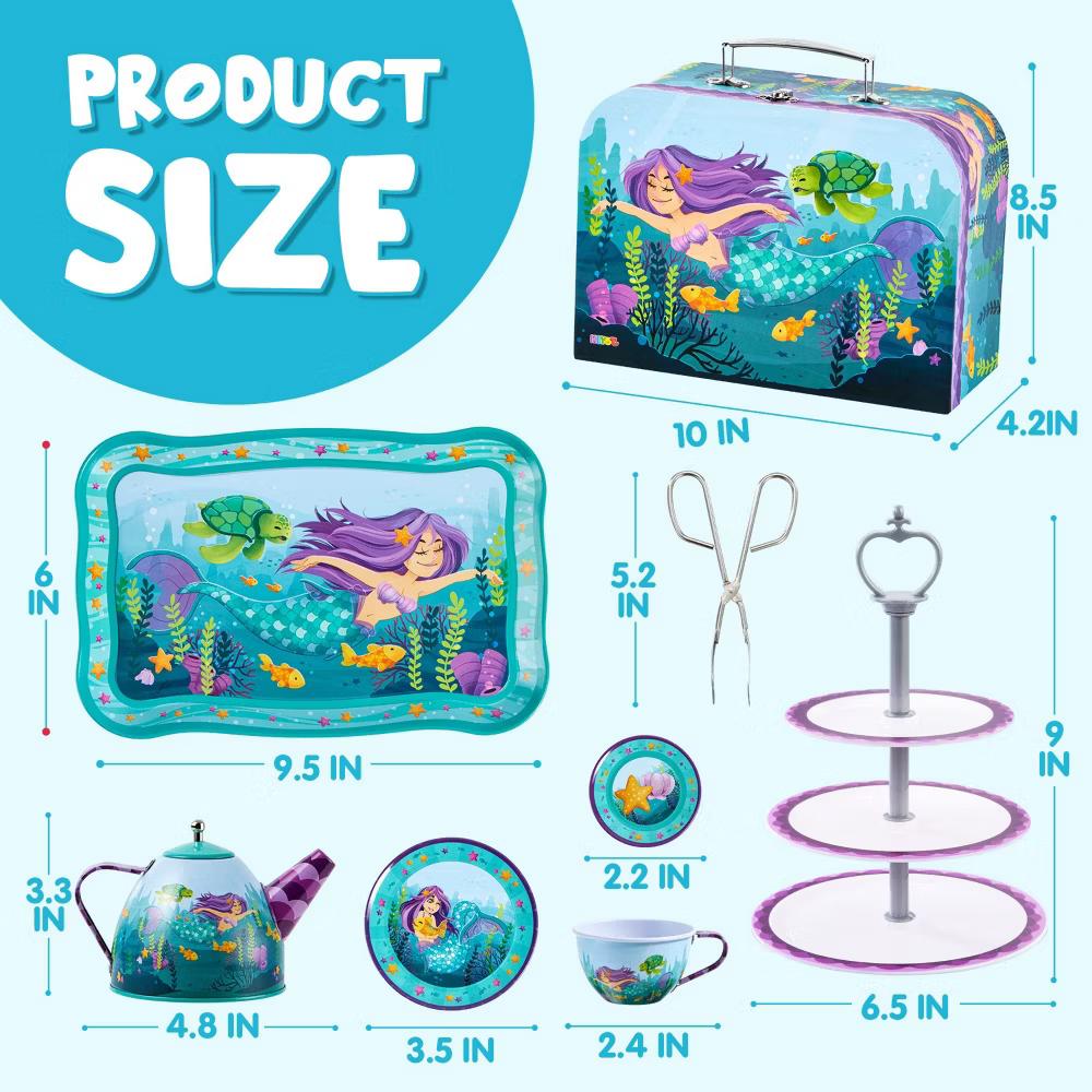 35Pcs Mermaid Tea Party Set for Girls,with Pretend Tin Teapot Set, Princess Tea Time Play Kitchen Toy,Best Birthday Gifts for Kids Age 3-6 - Image 9