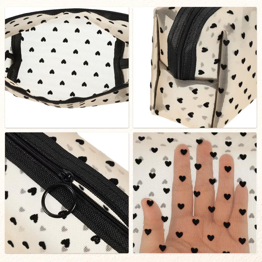 Nylon Heart Shape Print Mesh Clear Makeup Bags 3 Pcs - Image 4