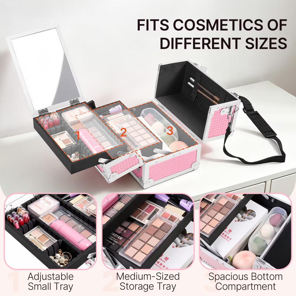 Yaheetech Aluminum Portable Makeup Train Case Cosmetic Storage Case with Mirror, Adjustable Dividers - Image 11