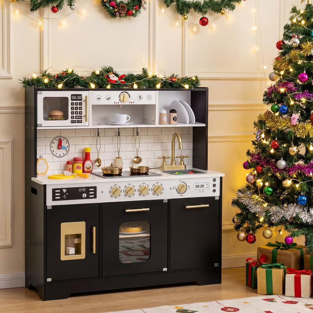 Play Kitchen for Kids, Wooden Kitchen Playset with Realistic Lights & Sounds White/Black - Image 5
