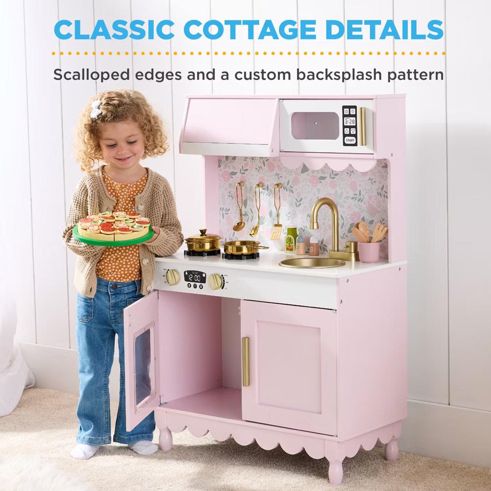 Wooden Cottage Kids Pretend Play Kitchen with 5 Accessories and Toy Storage - White - Image 51