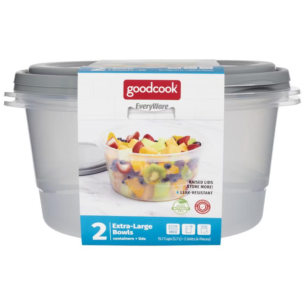 EveryWare Round Food Storage Containers - 15.7 Cups - 4pcs/2ct - Gray: Leak-Resistant, 2 Containers With Lids