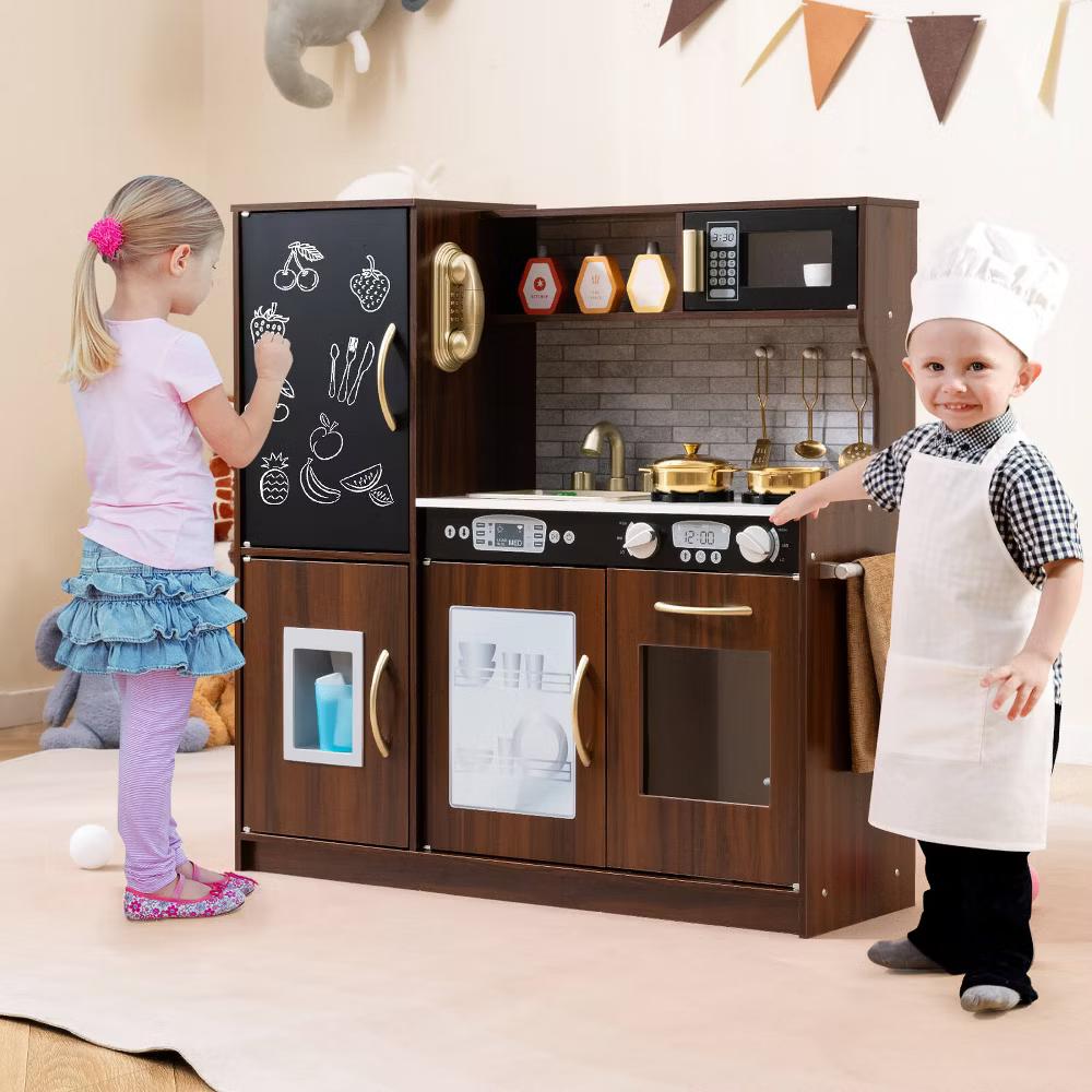 Kid's Pretend Play Kitchen Toddler Kitchen Playset with Blackboard Pink/White/Light Pink/Beige - Image 23