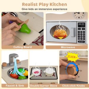 Wooden Play Kitchen for Kids Cooking Toy Playset w/ Microwave Stove Dish Rack