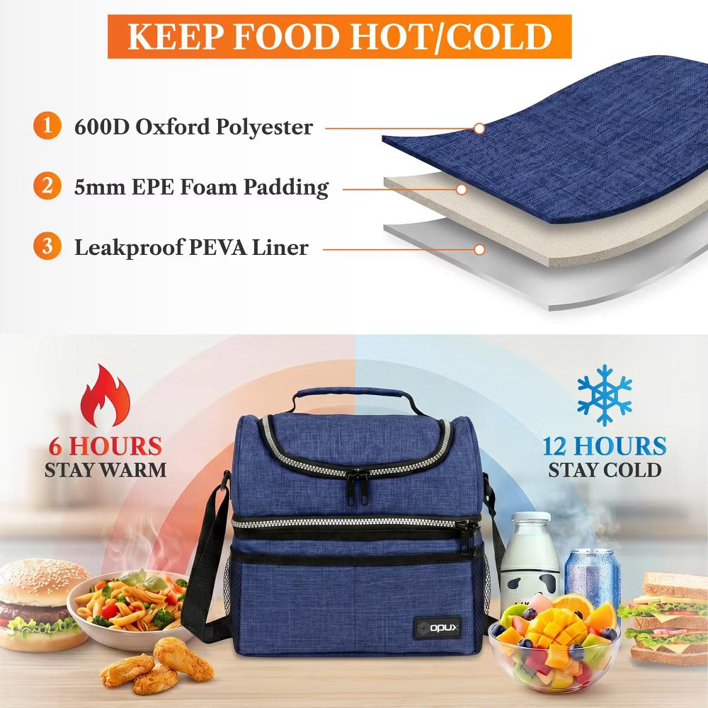 Double Decker Lunch Box Men Women, Insulated Leakproof Cooler Bag Adult Work, Dual Compartment Pail Tote Boys Girls Kids - Image 71