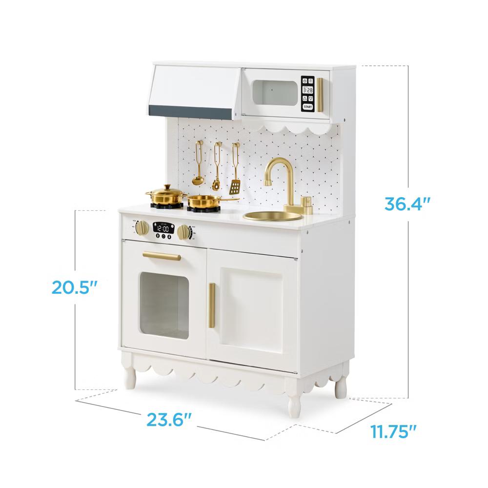Wooden Cottage Kids Pretend Play Kitchen with 5 Accessories and Toy Storage - White - Image 66