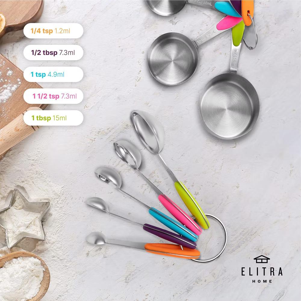 Elitra Home Complete Measuring Set, 13-Pack Stainless Steel Cups, Spoons, Plastic Measuring Pitchers with Spout - Engraved Measurements - Image 6
