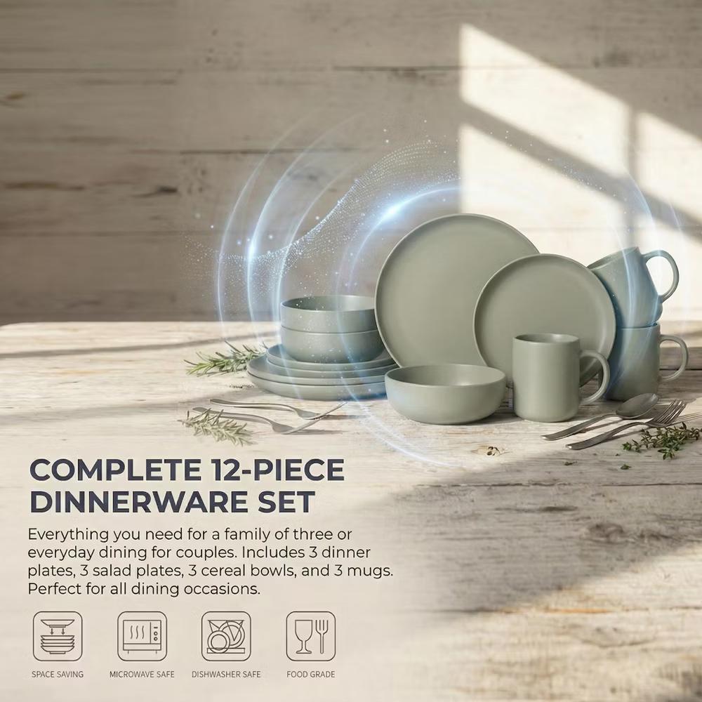 12-Piece Stoneware Dinnerware Set with Mugs, Microwave & Dishwasher Safe, Non-Toxic Dish Set, Plate Set, Stackable Matte Glaze Kitchenware for 3 - Image 23