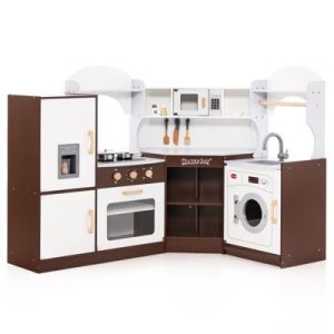 Corner Play Kitchen with Ice Maker Microwave Oven for Kids 3+ Years Old Wooden Toy