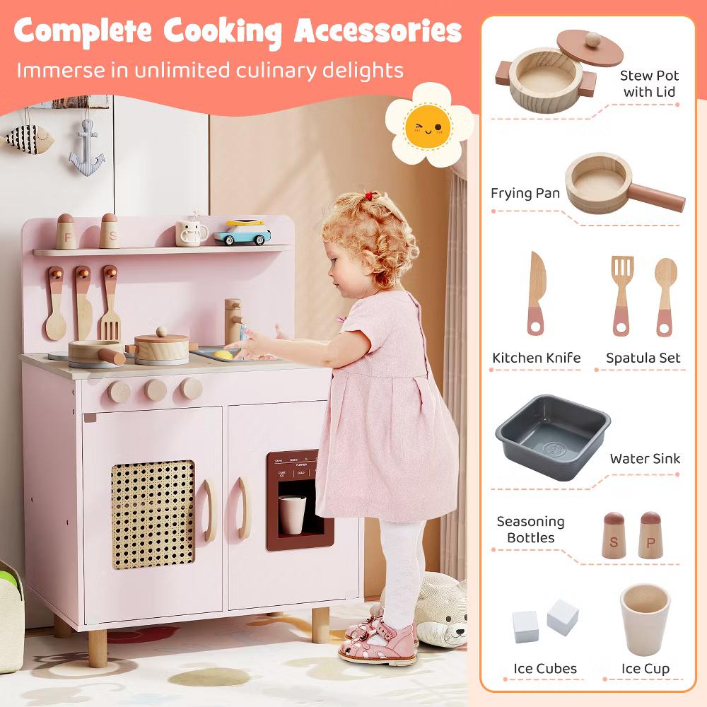 Play Kitchen w/Realistic Ice Maker Stove Accessories & Water Sink Storage - Image 2