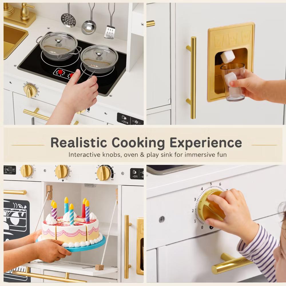 Wooden Play Kitchen for Kids with Running Water Sink, Interactive Stove, Ice Maker, Microwave, Oven & Dishwasher, Ages 3+ - Image 69
