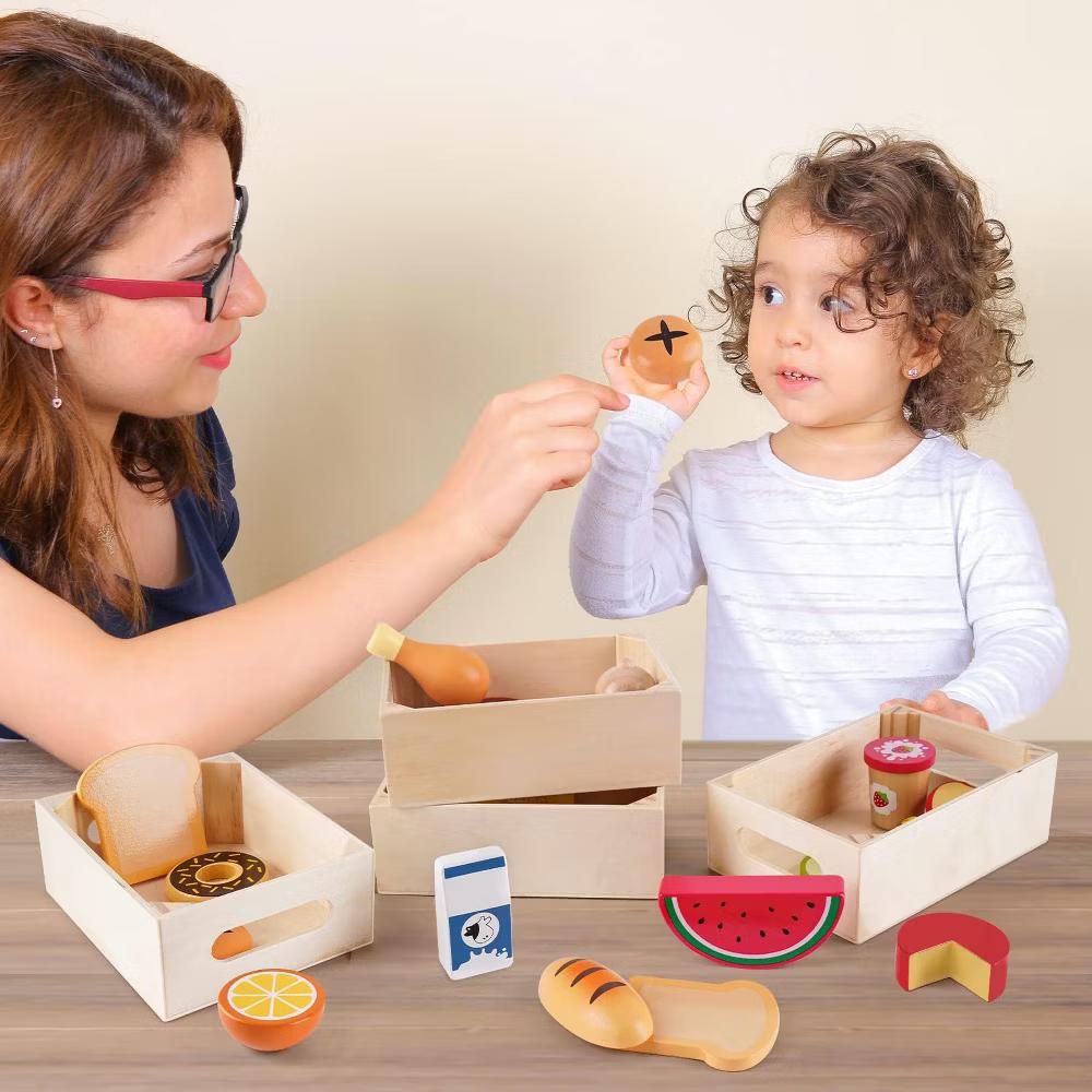 Etokfoks Wooden Play Food Set 18 Piece Pretend Kitchen Toy Food Groups for Toddlers 1 2 3 Year Olds Includes 4 Storage Boxes - Image 2